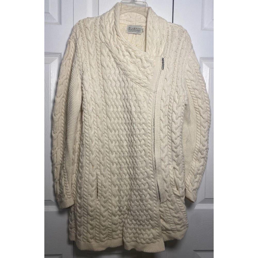 Blarney Aran Sweater Large Cream Cardigan Jacket Merino Wool Cable Knit Ireland